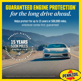 Five-quart container beside a hand for scale demonstrating Pennzoil quantity convenience