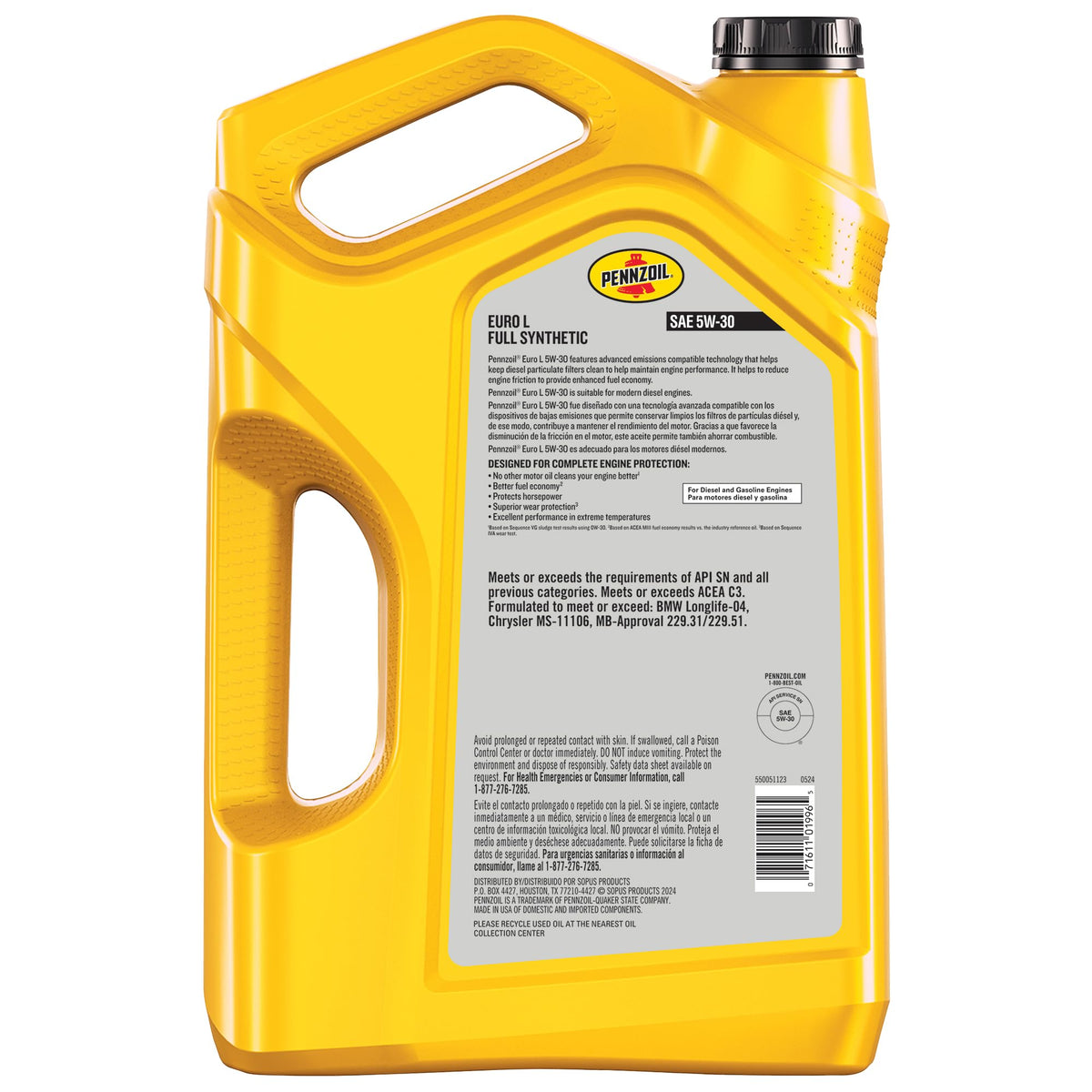 Pennzoil Platinum Euro L back label with specifications and warranty details