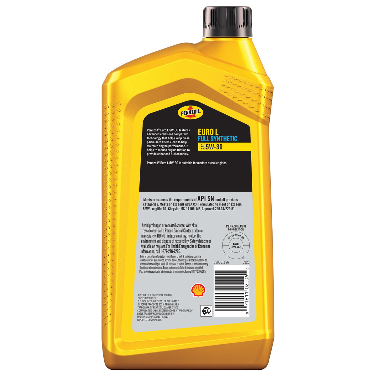 Close-up of Pennzoil label highlighting specifications and approvals