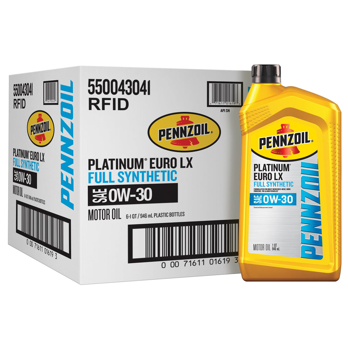 Pennzoil front packaging showing Platinum Euro LX label and benefits