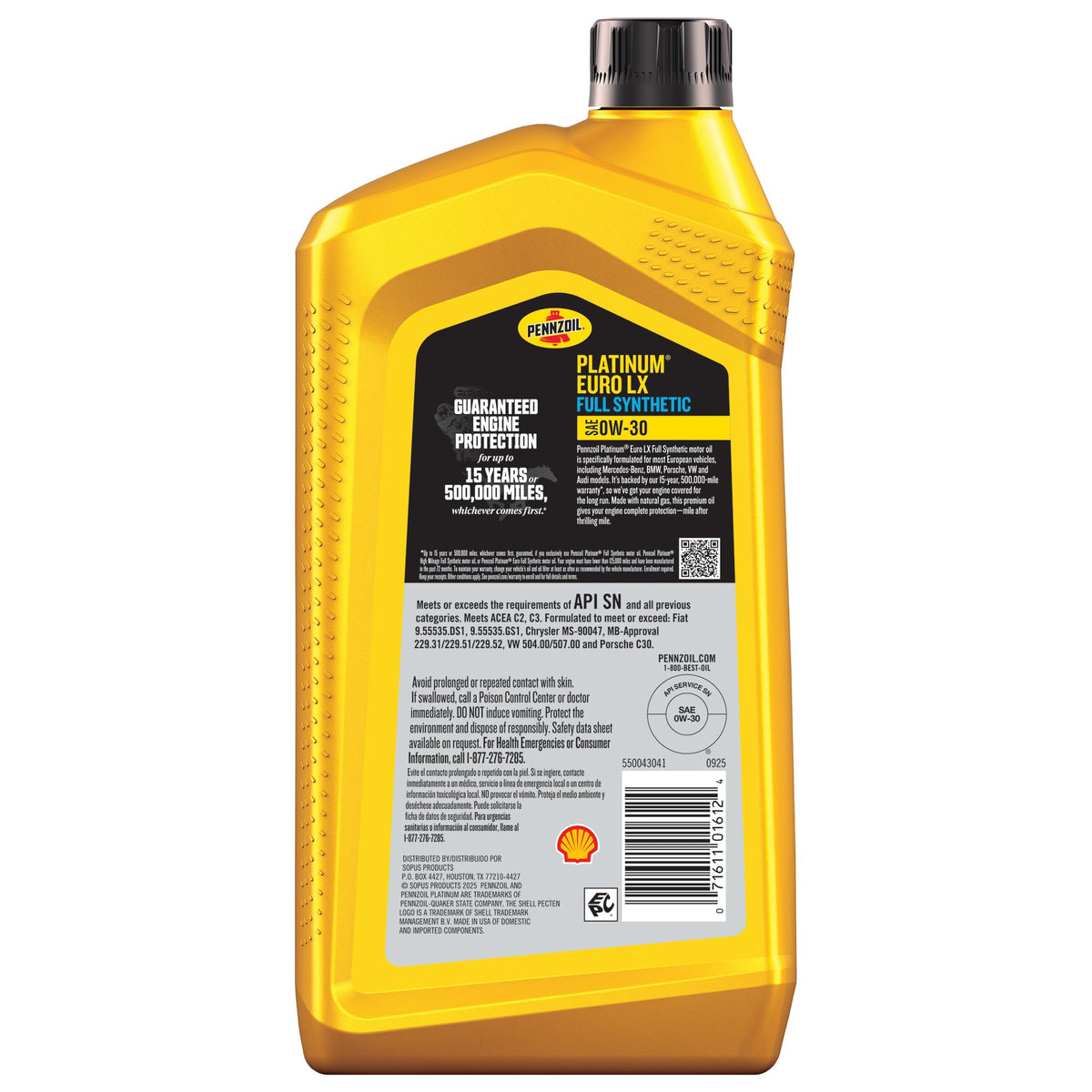 Close-up of Pennzoil label highlighting specifications and approvals