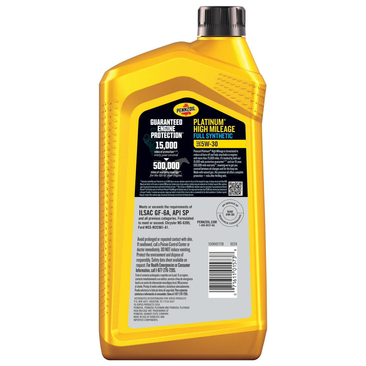 Pennzoil Platinum back label close-up with specs and approvals