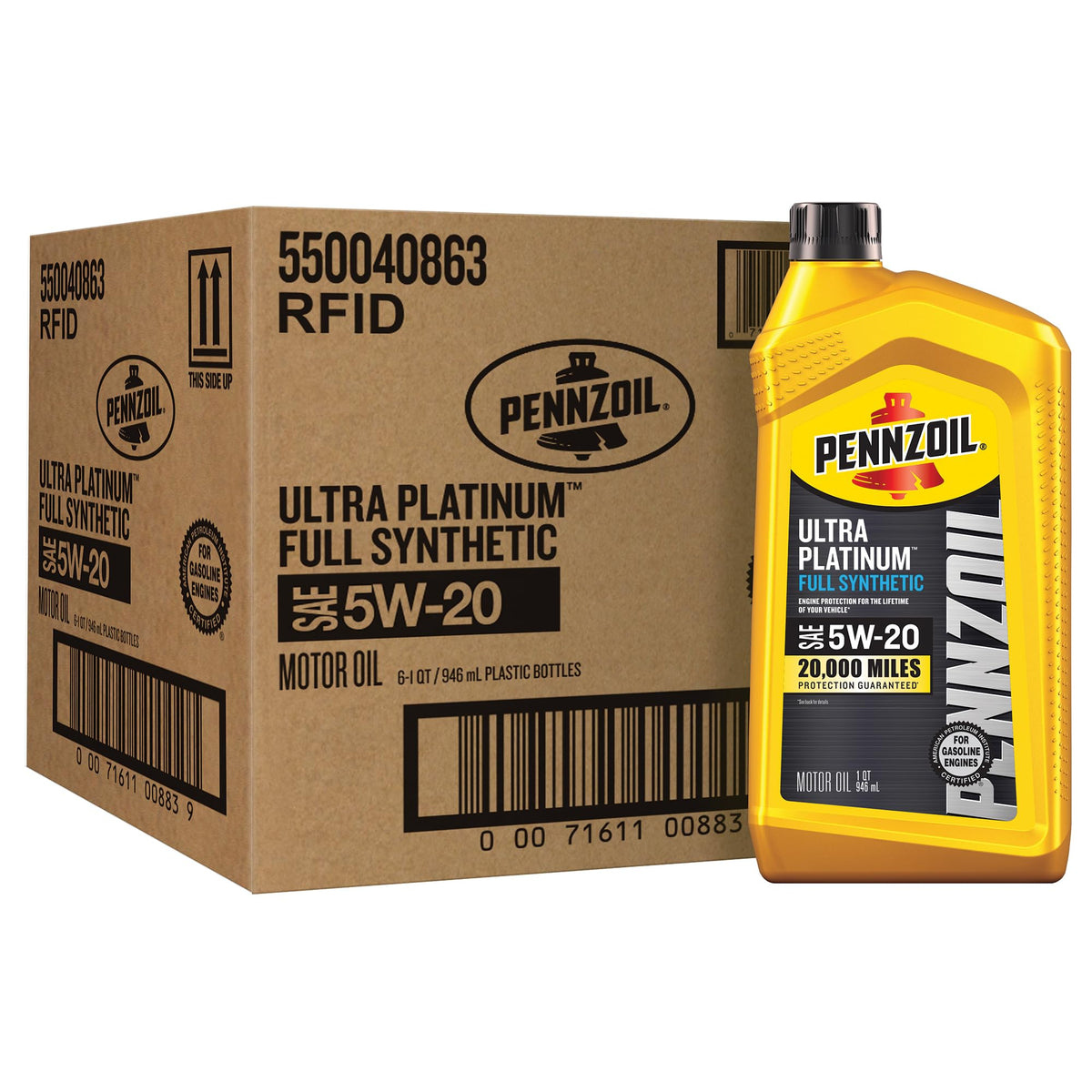 Pennzoil Ultra Platinum front packaging showing six quart bottles, clear product identification and convenience