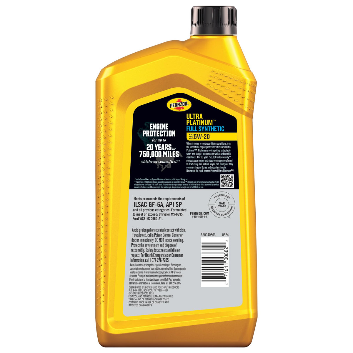 Close-up of Pennzoil Ultra Platinum label highlighting 5W-20 specification and natural gas base benefit