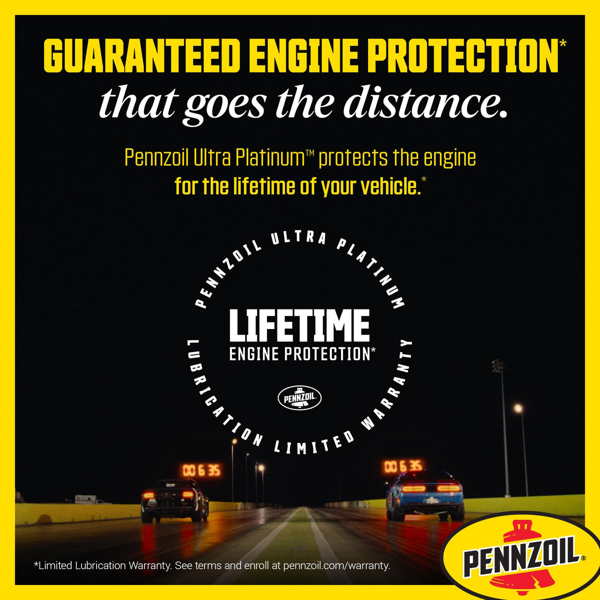 Car on the road with Pennzoil Ultra Platinum branding, conveying confidence and long-distance performance