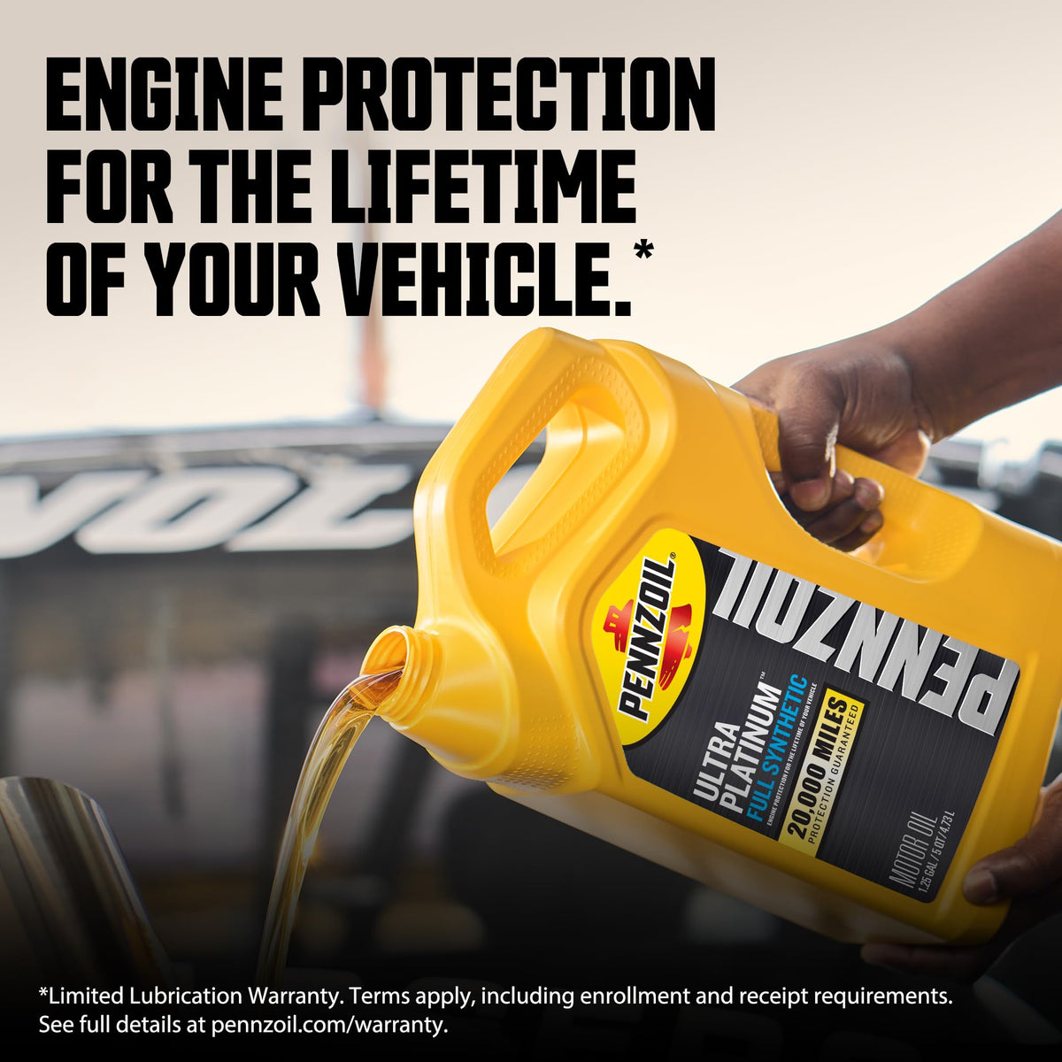 Pouring Pennzoil Ultra Platinum motor oil into an engine, demonstrating controlled pour and clean application