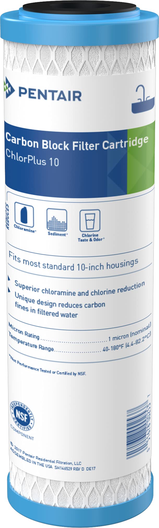 Pentek ChlorPlus 10 front view showing cartridge and benefits of cleaner water
