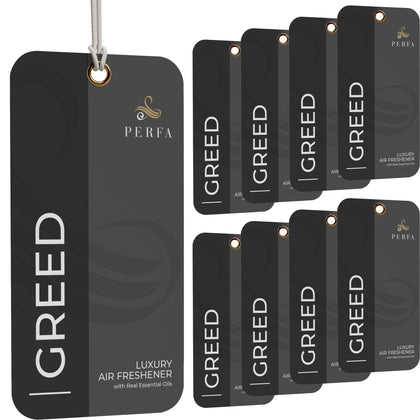 Perfa Greed card front packaging showing bold scent and pack benefit