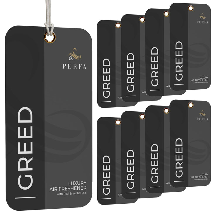 Perfa Greed card front packaging showing bold scent and pack benefit