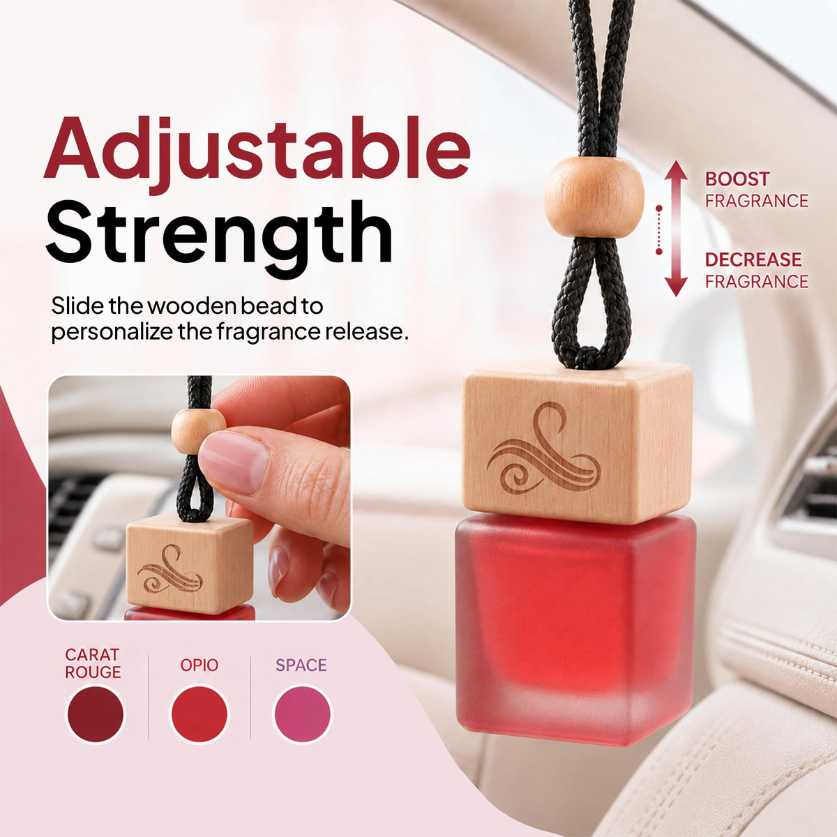 Perfa hanging diffuser with reed sticks on rearview mirror creating soft fragrance