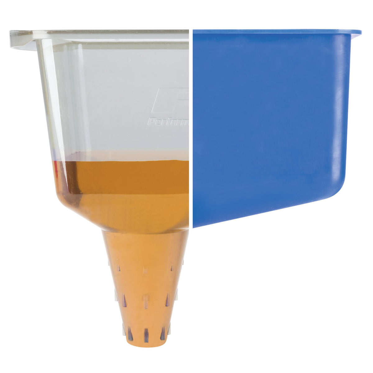 Performance Tool funnel beside a hand for size and toolbox-ready portability benefit