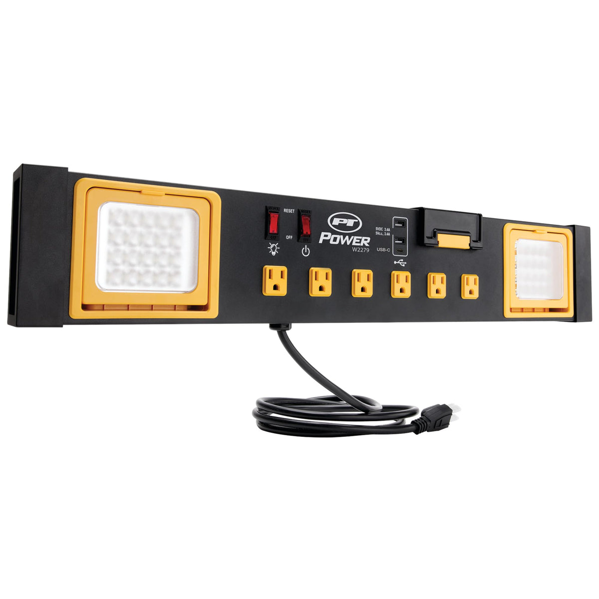 Performance Tool front view showing outlets and LEDs, organized workspace benefit