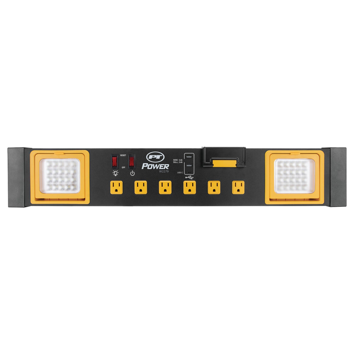 Performance Tool outlet panel detail showing six grounded outlets, handles bulky plugs