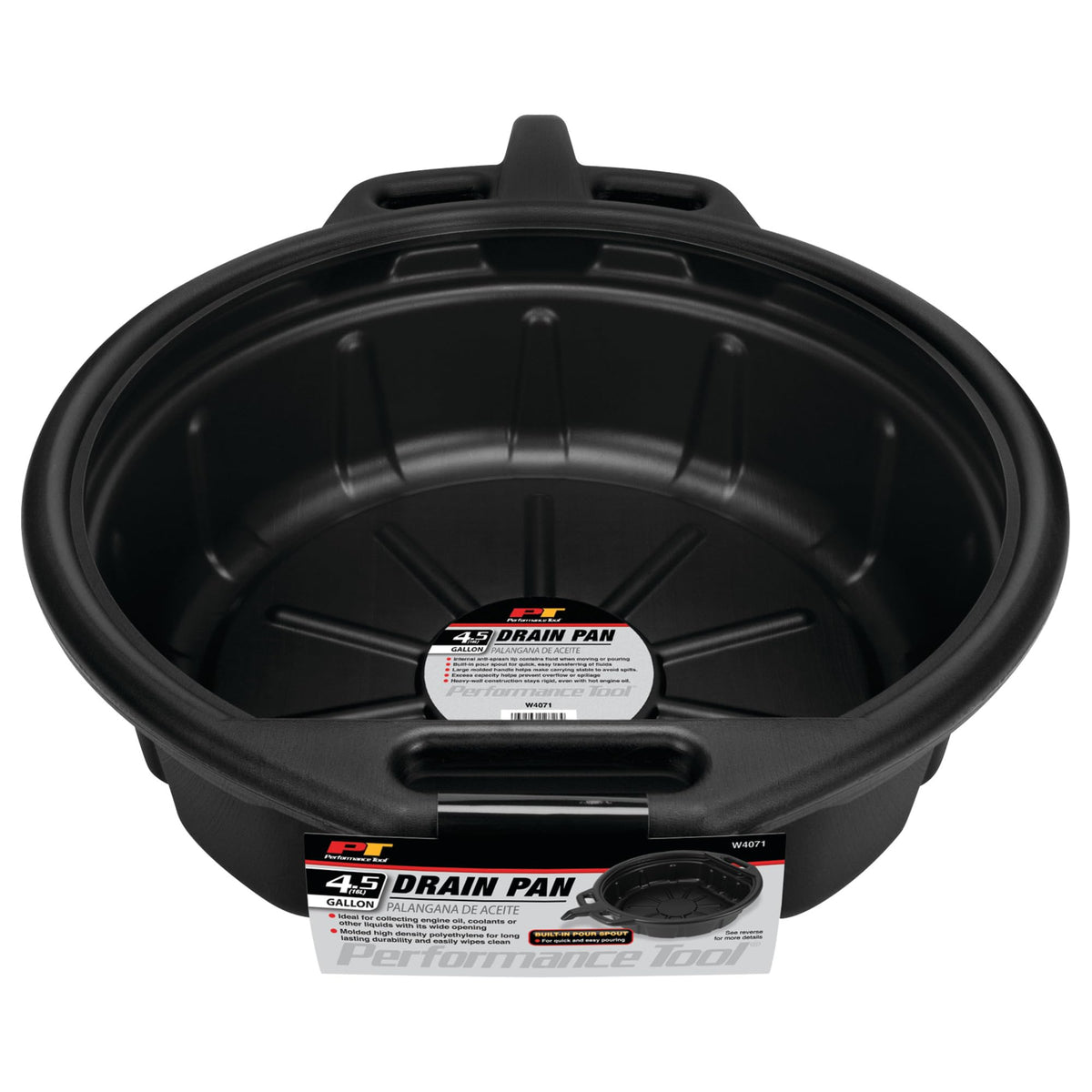 Performance Tool W4071 placed under a car drain plug to demonstrate spill reduction