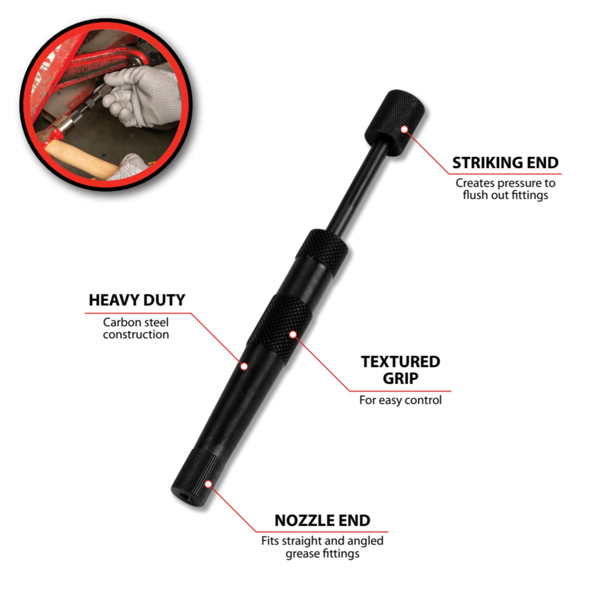 Performance Tool W54209 close-up of tip demonstrating precise fit for grease fittings