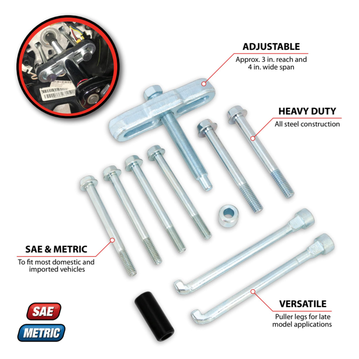Performance Tool close-up of SAE and metric threaded bolts for correct fit