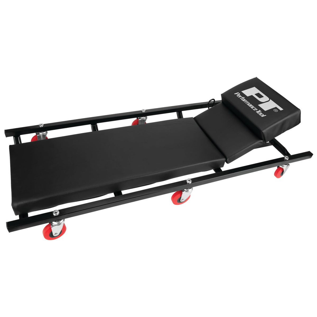 Performance Tool front view of creeper showing full deck and casters for mobility