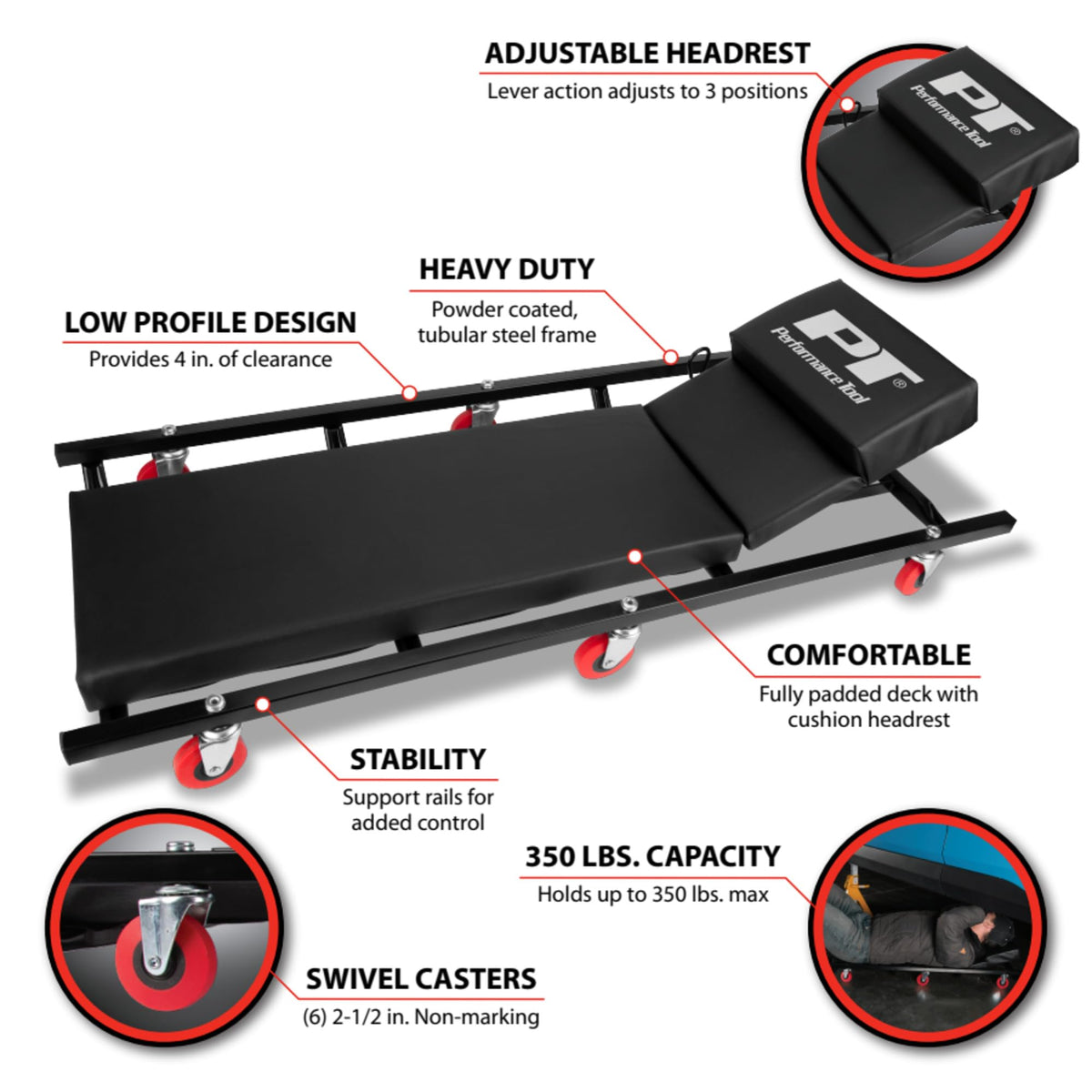 Performance Tool closeup of lever-action headrest showcasing adjustable comfort