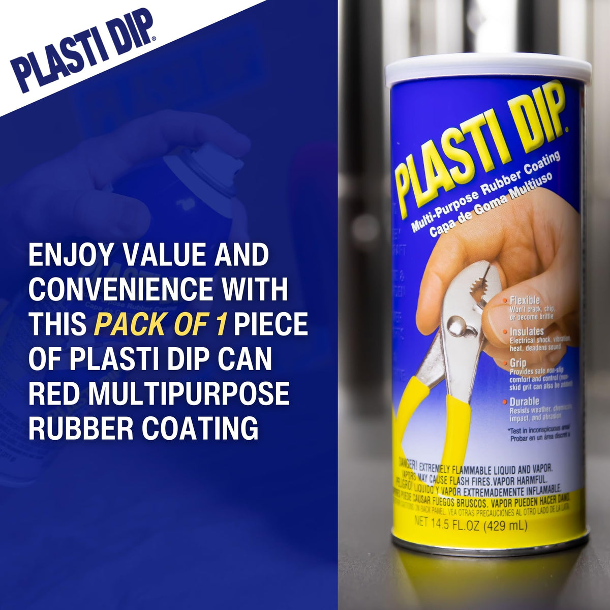 Performix Plasti Dip red next to a hand showing 14.5 oz scale and portability benefit
