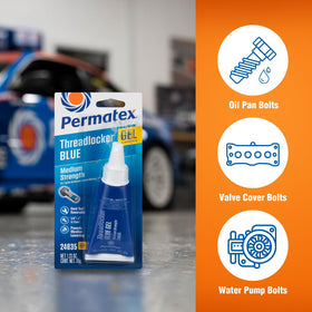 Permatex applied to engine bolt in use preventing loosening under vibration and heat