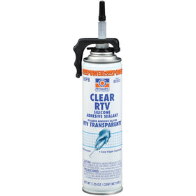 Permatex clear RTV front can showing label and dispensing tip for precise application