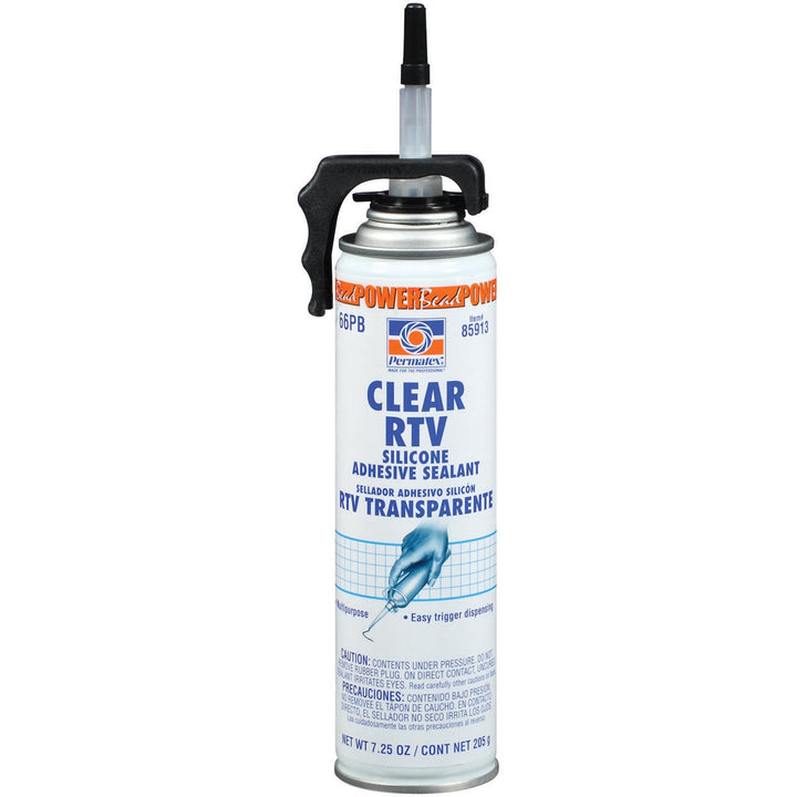 Permatex clear RTV front can showing label and dispensing tip for precise application