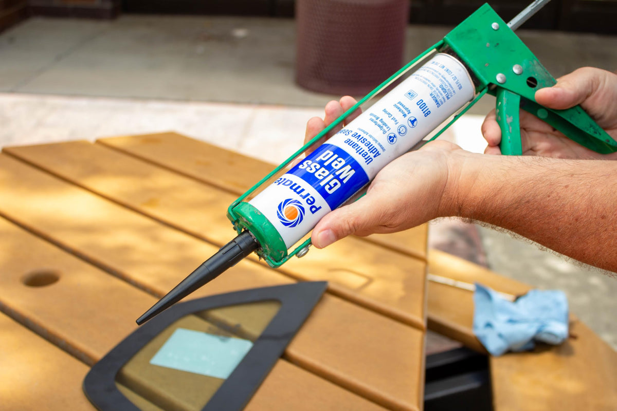 Permatex Glass Weld nozzle closeup highlighting precise application control for neat bead placement