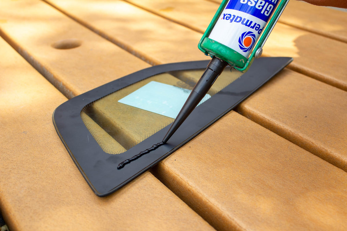 Permatex Glass Weld cured bead detail showing flexible seam that resists weather and vibration