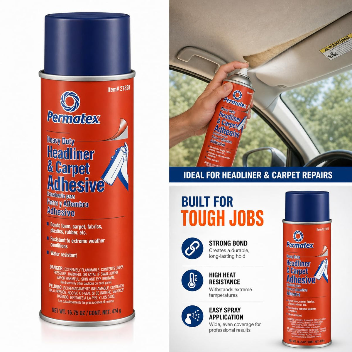 Permatex can on workshop bench with tools showing professional-grade interior repair utility