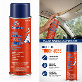 Permatex can on workshop bench with tools showing professional-grade interior repair utility