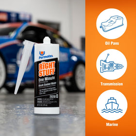 Permatex The Right Stuff being applied to an engine oil pan, fast reassembly benefit