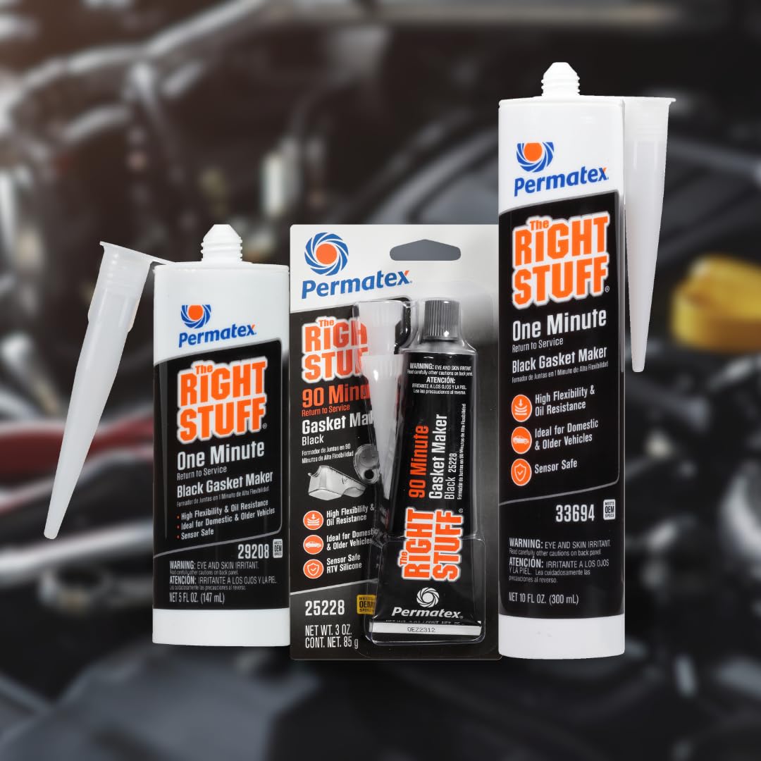 Permatex The Right Stuff label close-up highlighting temperature range and oil resistance benefit