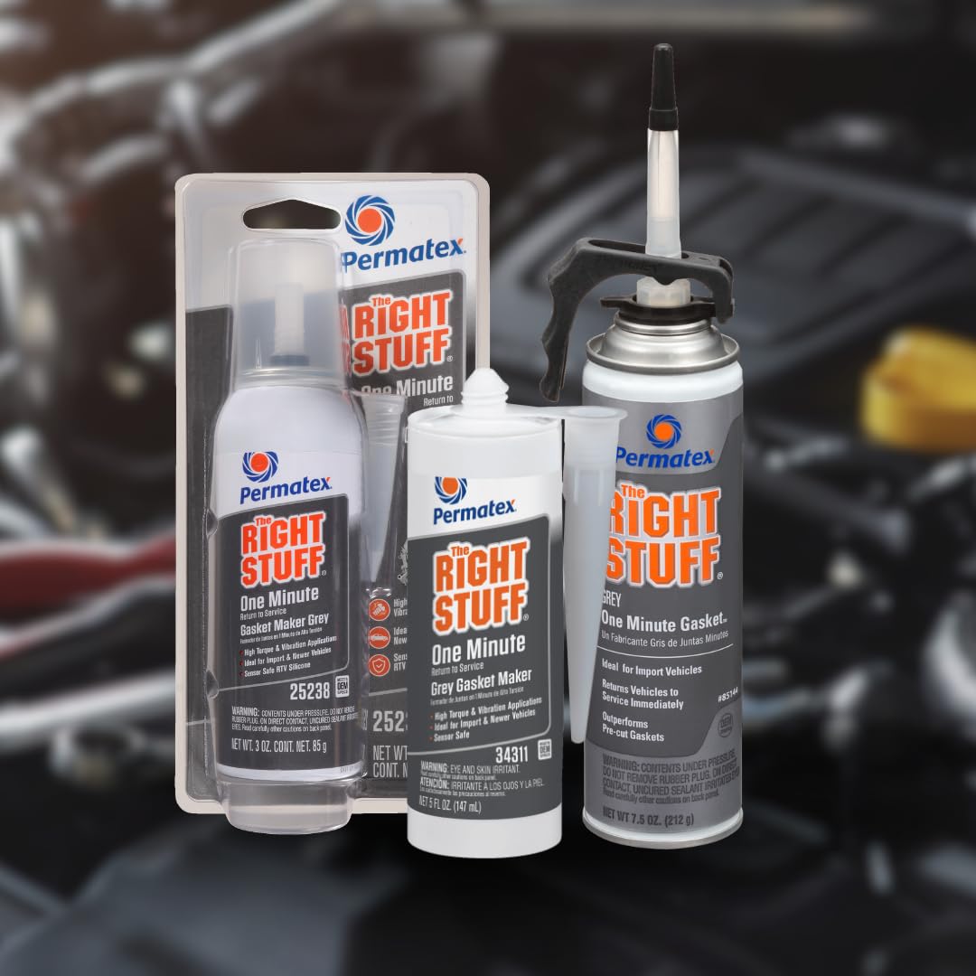 Mechanic using Permatex in a garage setting for quick engine gasket repairs and reduced downtime