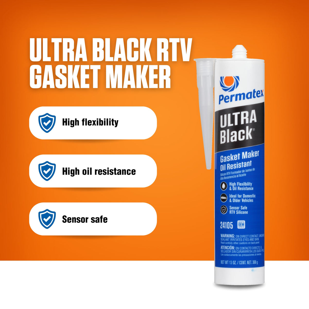 Permatex Ultra Black being applied to engine flange for leak prevention benefit