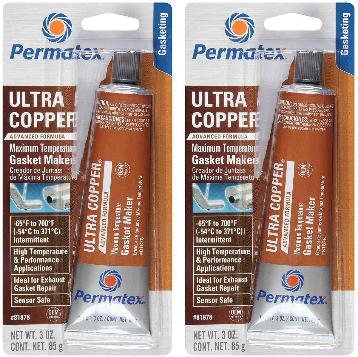 Permatex Ultra Copper tube front view showing label and easy-apply nozzle, conveys durable sealing