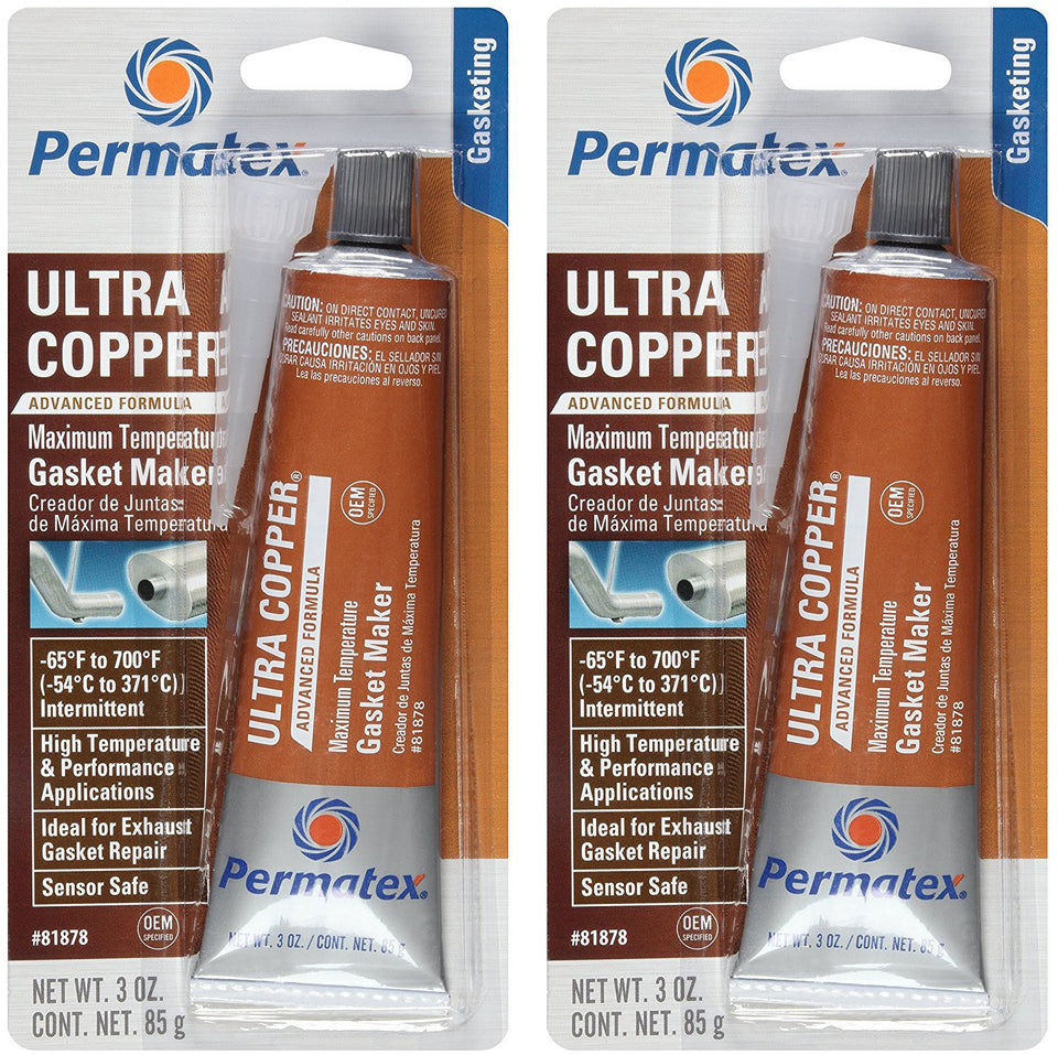 Permatex Ultra Copper tube front view showing label and easy-apply nozzle, conveys durable sealing