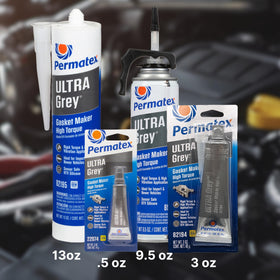 Permatex Ultra Grey cured gasket closeup showing rigid seal and resistance to oil