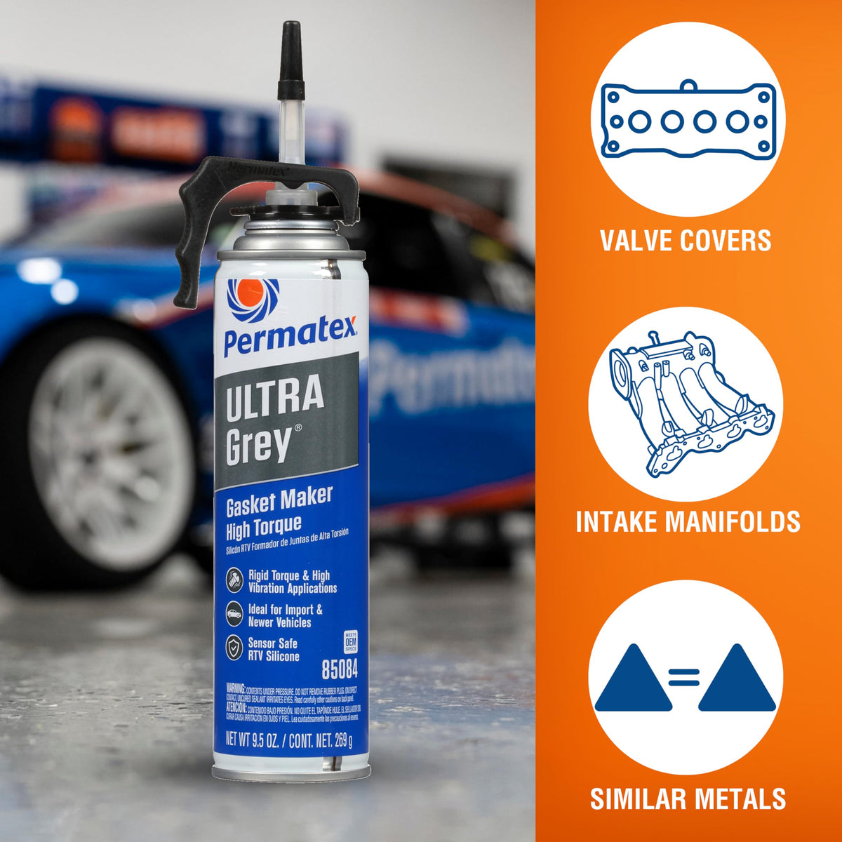 Permatex Ultra Grey PowerBead nozzle close-up for precise bead control and cleaner application