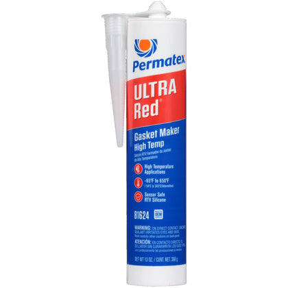 Permatex Ultra Red front packaging shows product and 13 oz size for easy identification