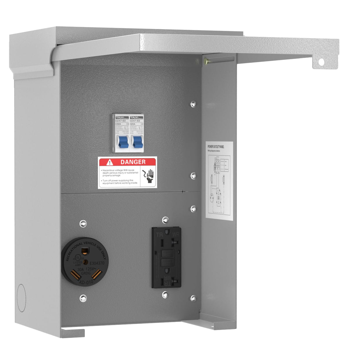 Perpending front view of outlet panel showing dual receptacles and secure cover, durable protection
