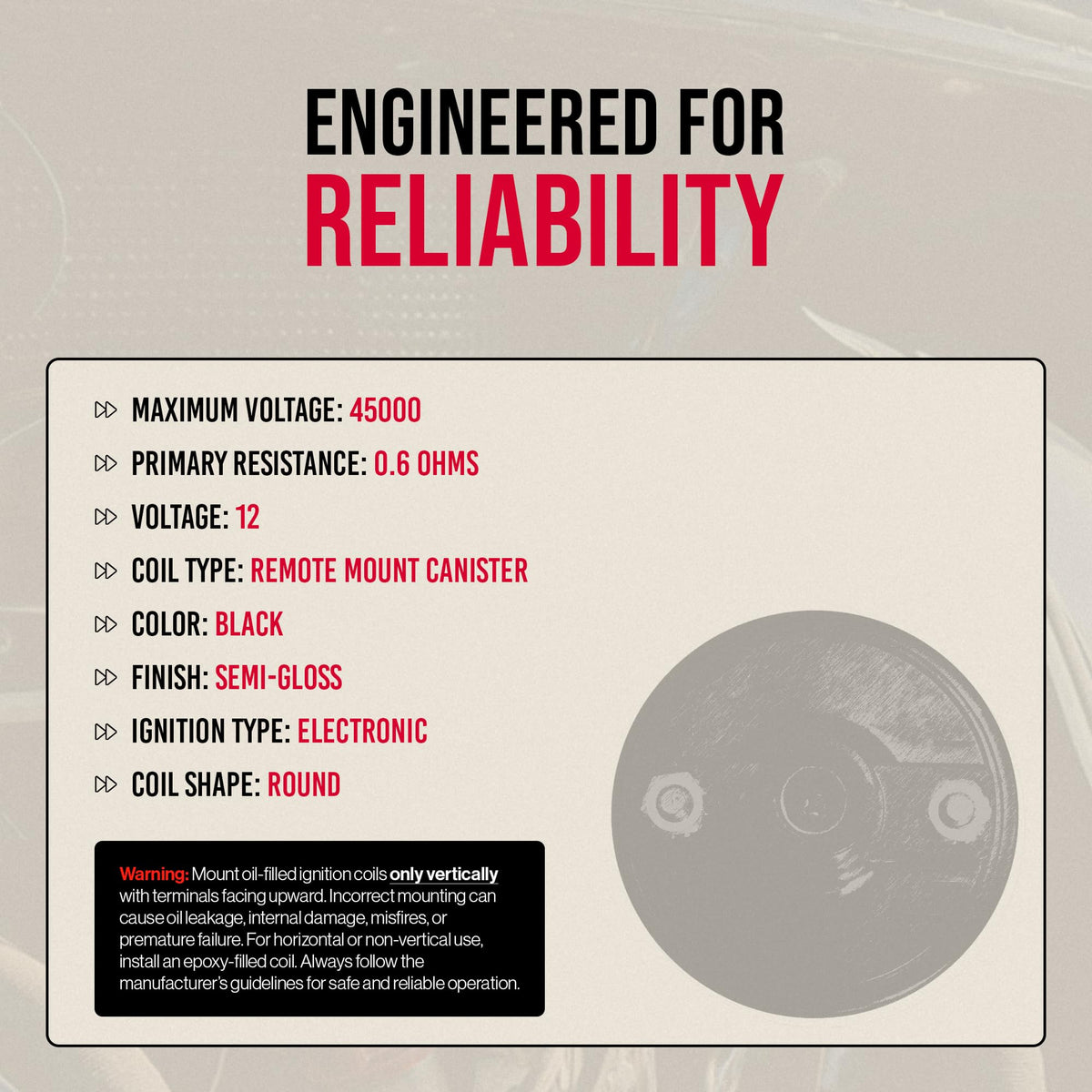 PerTronix oil-fill label close-up emphasizing oil-filled design for better heat dissipation and steady operation
