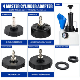 PESIKO four master-cylinder adapters laid out to match vehicle reservoir sizes