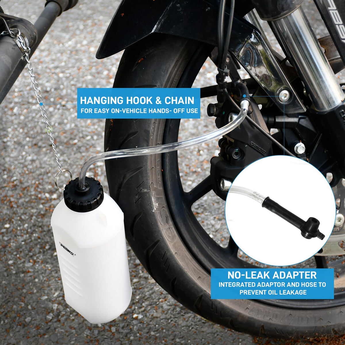 PESIKO bottle in use on motorcycle bleeding brake fluid cleanly and safely