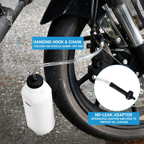 PESIKO bottle in use on motorcycle bleeding brake fluid cleanly and safely