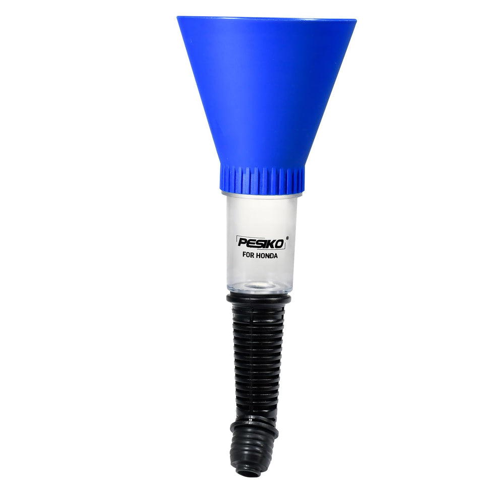 PESIKO funnel front view showing secure threaded fit and tidy pour benefit