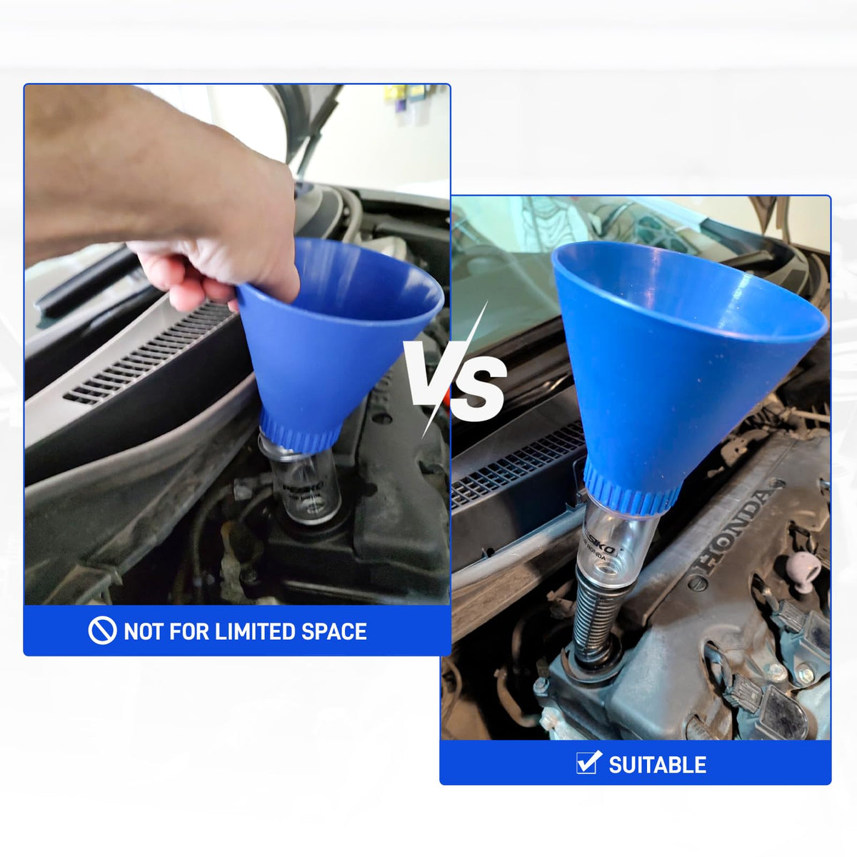 PESIKO funnel installed in engine fill neck enabling hands-free pouring