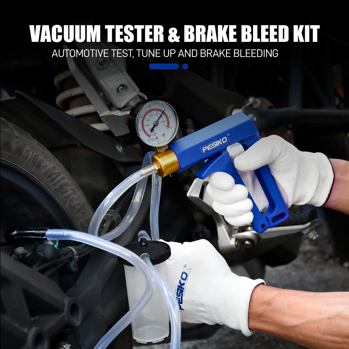 PESIKO in use bleeding brake on vehicle demonstrating efficient fluid extraction