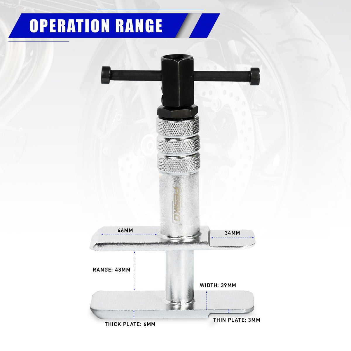 PESIKO tool in use on motorcycle caliper enabling even piston retraction for safe maintenance