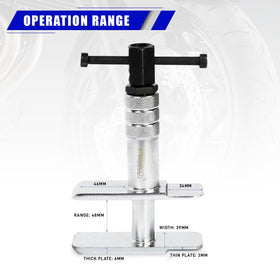 PESIKO tool in use on motorcycle caliper enabling even piston retraction for safe maintenance