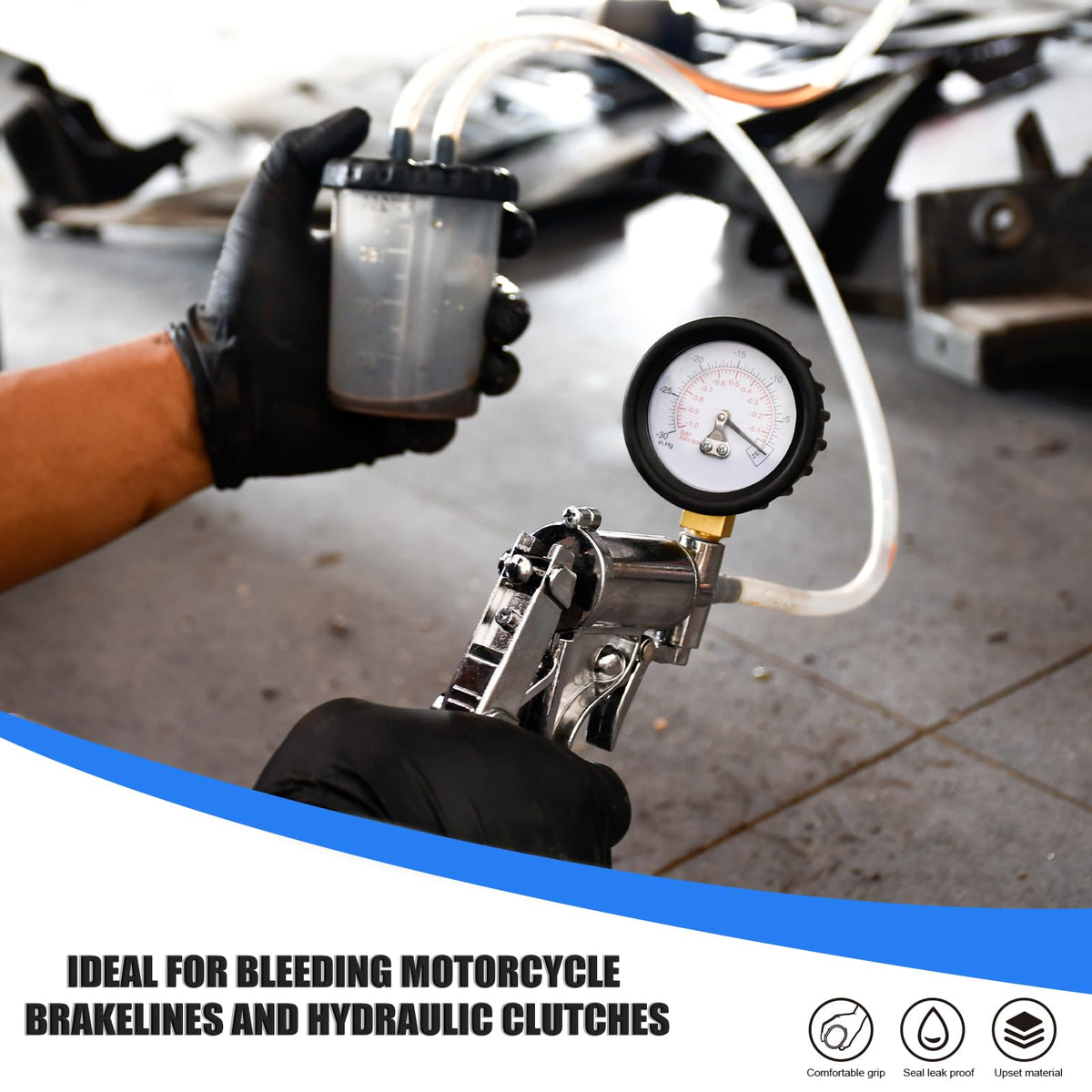 PESIKO hand pump in use on a brake caliper demonstrating cleaner, controlled bleeding